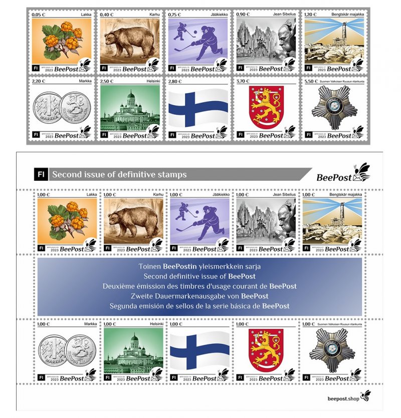 Finland 2023 BeePost Second definitives set of 10 stamps and block MNH - Image 1
