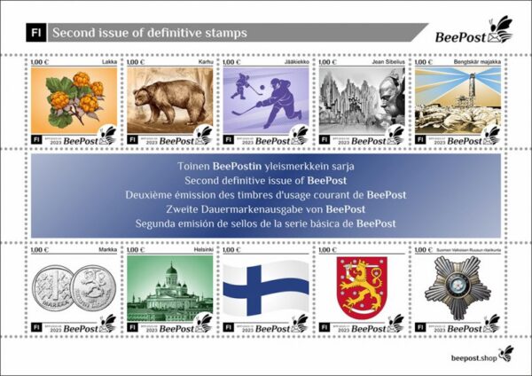 Finland 2023 BeePost Second definitives block of 10 stamps with label MNH