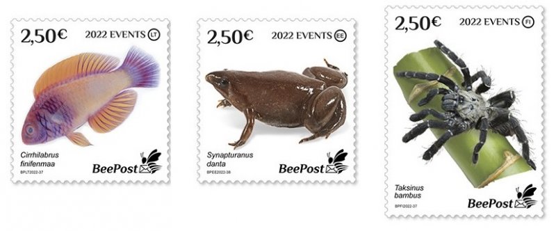 Finland Estonia Lithuania 2022 discoveries new species BeePost set of 3 stamps MNH - Image 1