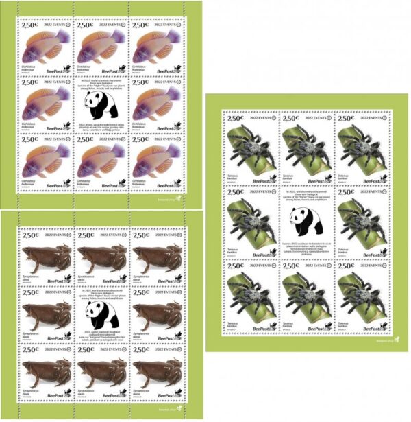 Finland Estonia Lithuania 2022 discoveries new species Fish Frog Spider BeePost set of 3 sheetlets with all stamps and labels MNH