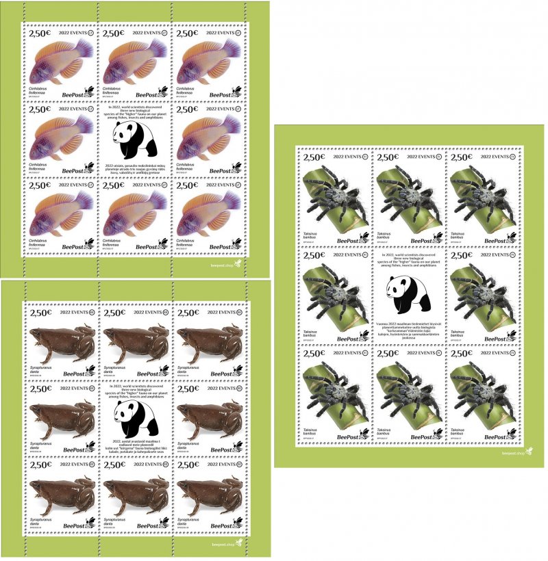 Finland Estonia Lithuania 2022 discoveries new species Fish Frog Spider BeePost set of 3 sheetlets with all stamps and labels MNH - Image 1