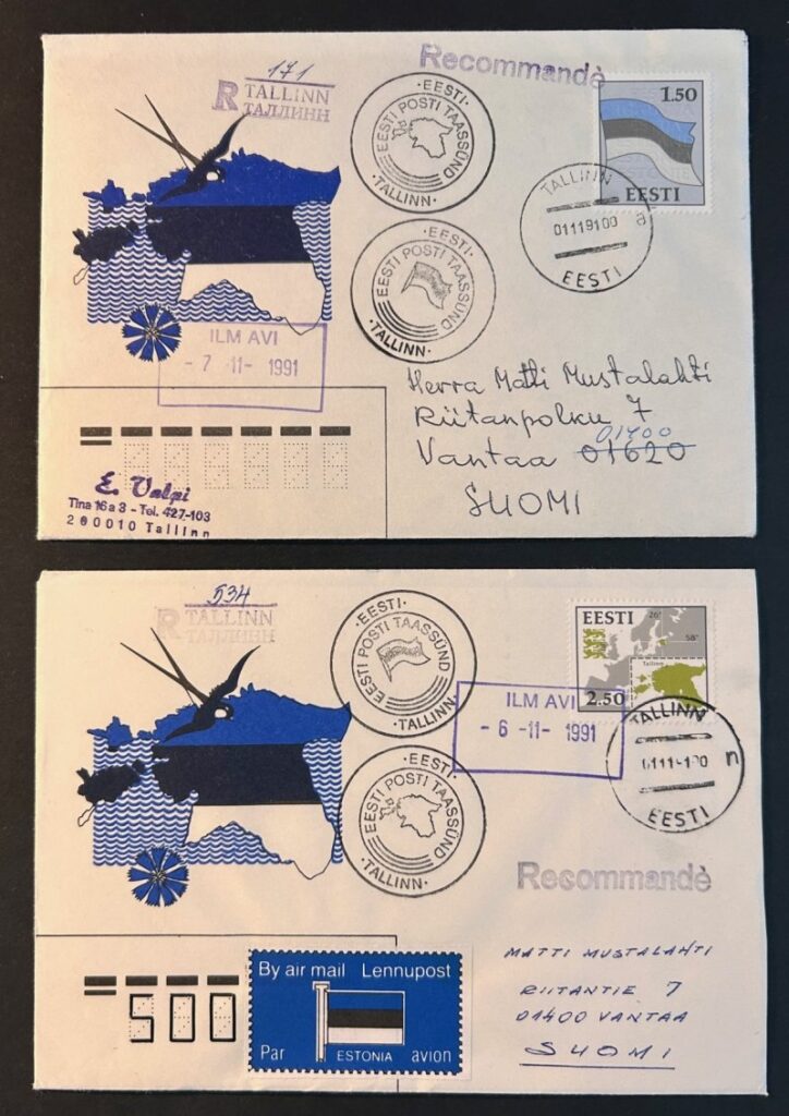 Estonia Estland 1991 Definitive issue The 2nd set after the restoration of independence Flag and map Set of 2 RARE FDC's REAL Airmail to Finland