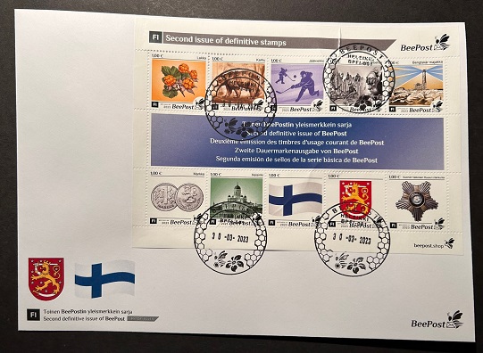 Finland 2023 BeePost Second definitives set of 10 stamps in block with label FDC