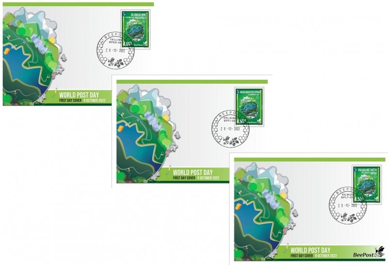 Estonia Lithuania Finland 2022 World Post Day joint issue BeePost set of 3 FDC's - Image 1